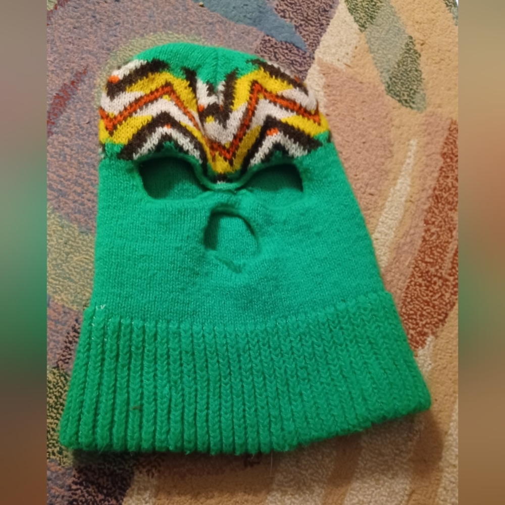 Vintage 80s brown & mustard yellow chevron green knit ski mask unisex winter hat